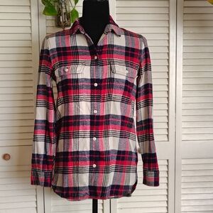 Madewell Red Navy Cream Plaid Flannel Shirt Size XXS – Like New